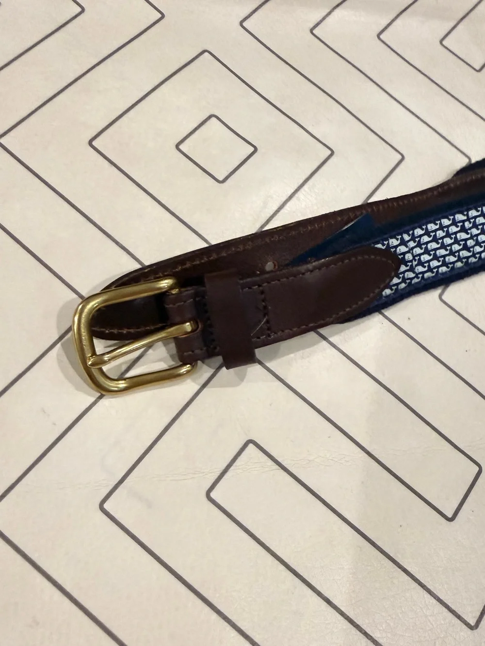 Vineyard Vines Navy Blue & White Whale Belt with Brown Leather Trim
